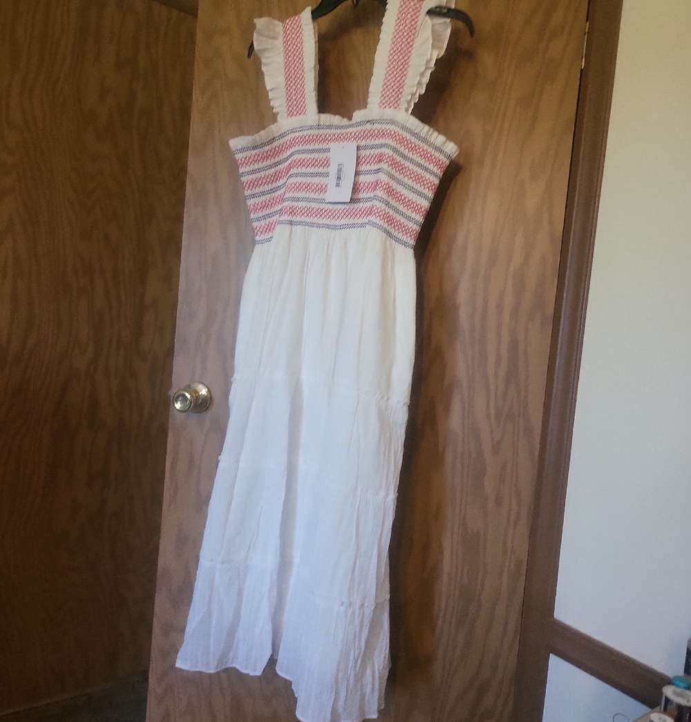 Women White Maxi Dress with Pink Smocked Bodice and Ruffle Straps